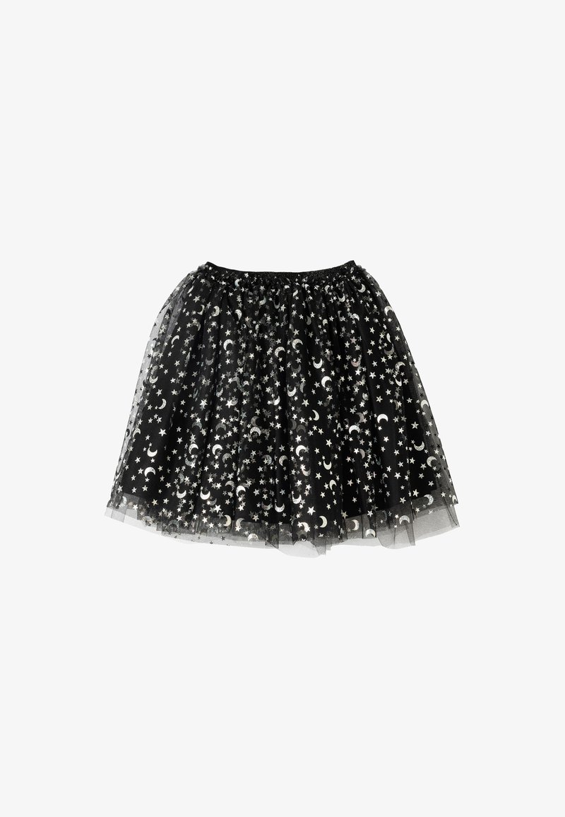 Jupe en tulle noir avec une taille élastique, ornée de motifs d'étoiles argentées et de croissants de lune, texture douce, design à plusieurs couches.