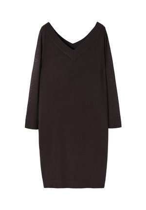 Schwarzes Kleid mit V-Ausschnitt und Dreiviertelärmeln. Hergestellt aus einem glatten Stoff mit einem subtilen Glanz, in geradem Schnitt.