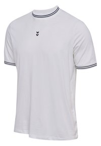 White short-sleeve t-shirt with a round neckline featuring navy blue stripes. Small navy chevron design on the chest. Soft fabric texture.