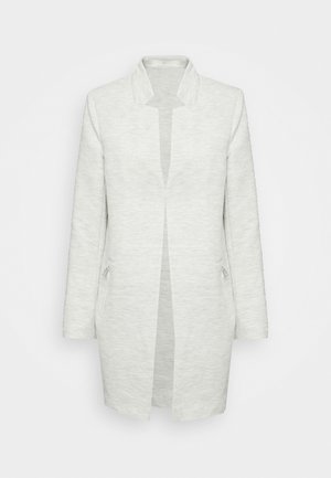 Manteau long gris clair en tissu texturé, doté d'un col châle et d'une ouverture sur le devant, avec deux poches latérales. Design simple et moderne.