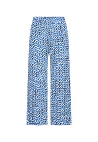 Pantalon large bleu et blanc avec une taille élastique, présentant un motif floral et géométrique répétitif.