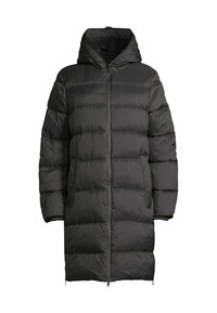 Manteau d'hiver long en noir, rembourré, avec capuche, fermeture éclair à l'avant, poches latérales et couture horizontale matelassée.