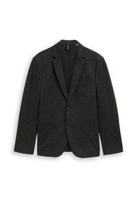 Ciemnoszara marynarka z teksturowanej tkaniny, z klapą typu notch, dwoma przednimi kieszeniami, jedną kieszenią na piersi oraz dwoma guzikami.