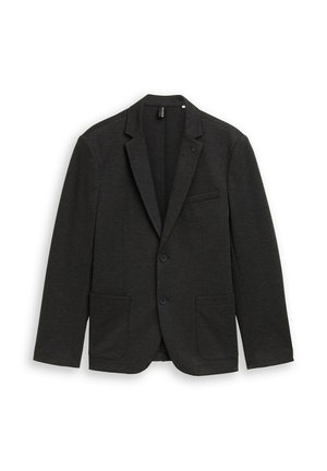 Donkergrijs colbert van gestructureerde stof, met een sjaalkraag, twee steekzakken aan de voorkant, een borstzak en twee knopen.