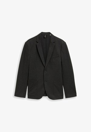 Donkergrijs colbert van gestructureerde stof, met een sjaalkraag, twee steekzakken aan de voorkant, een borstzak en twee knopen.