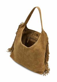 Su�ède bruine schoudertas met franjes, ruime binnenkant, knoopsluiting en een ritsvak aan de binnenzijde.