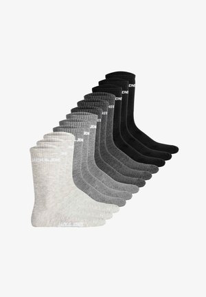 Set di 12 calze corte in diverse tonalità di grigio, nero e bianco, con una texture a costine e il logo "JACK & JONES" sul risvolto.