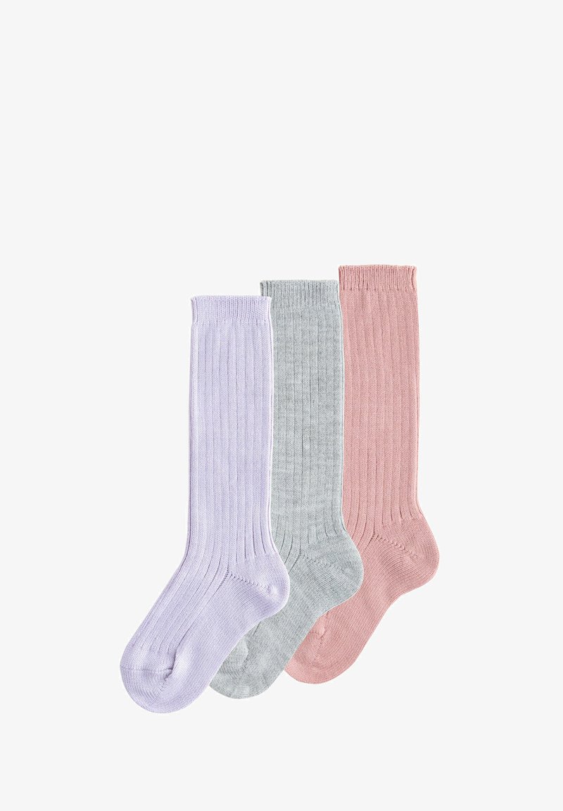 Three pairs of ribbed knee-high socks in pastel purple, light gray, and soft pink, arranged side by side on a white background.