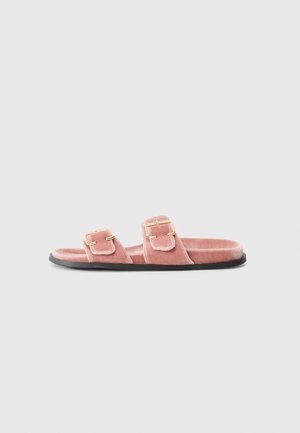 Rosa fløyelslire sandaler med to gullspenne og en svart flat såle mot en hvit bakgrunn.