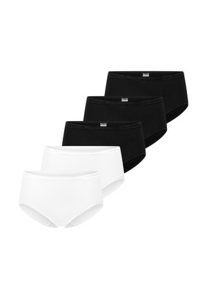 Five cotton briefs in black and white, arranged in a staggered row with three black pairs behind two white pairs on a white background.