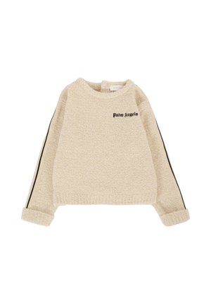 Crèmekleurige fleece sweater met zwarte zijstrepen, ronde halslijn en geborduurd "Palm Angels" logo. Omgerolde manchetten en een gestructureerde afwerking.