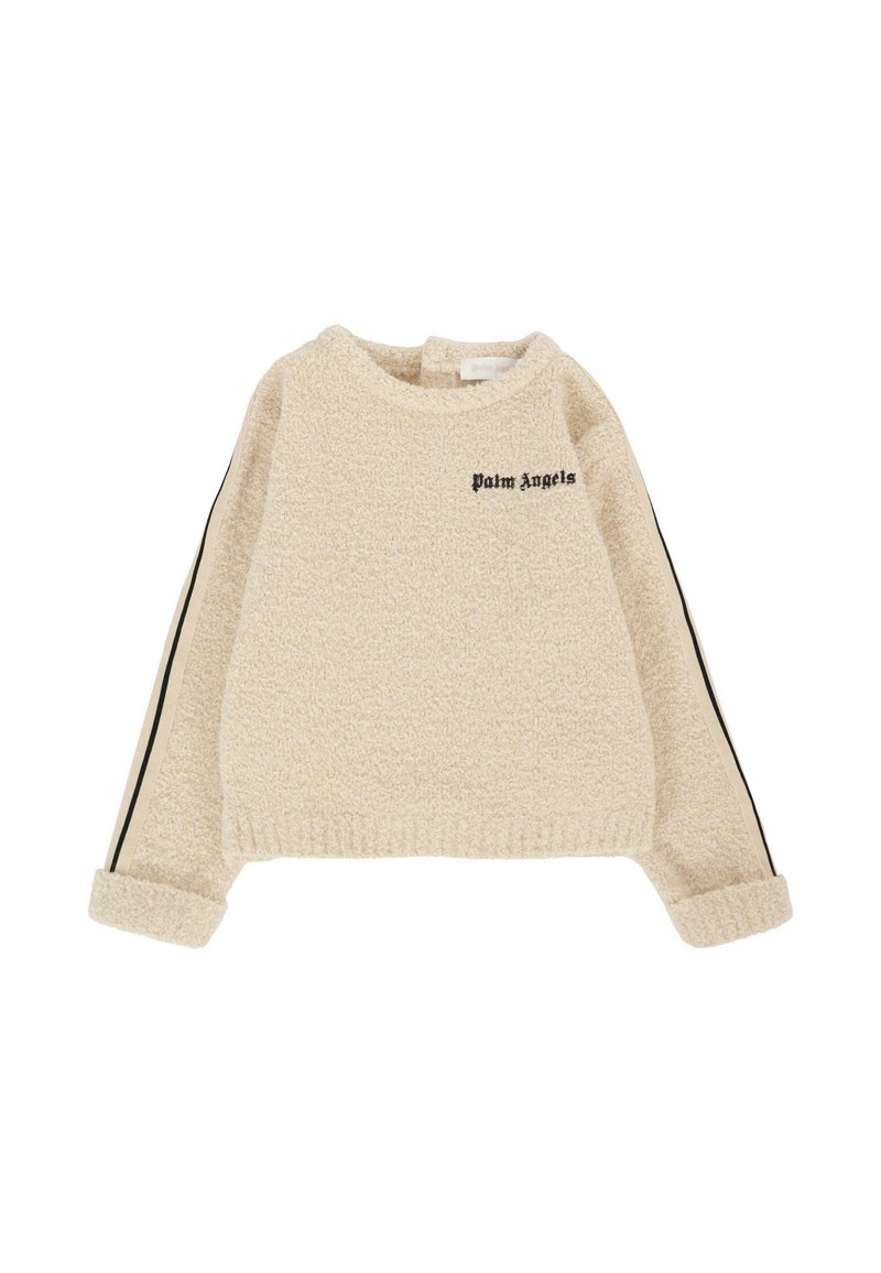 Pull en polaire couleur crème avec des bandes latérales noires, col rond et logo "Palm Angels" brodé. Poignets roulés et finition texturée.