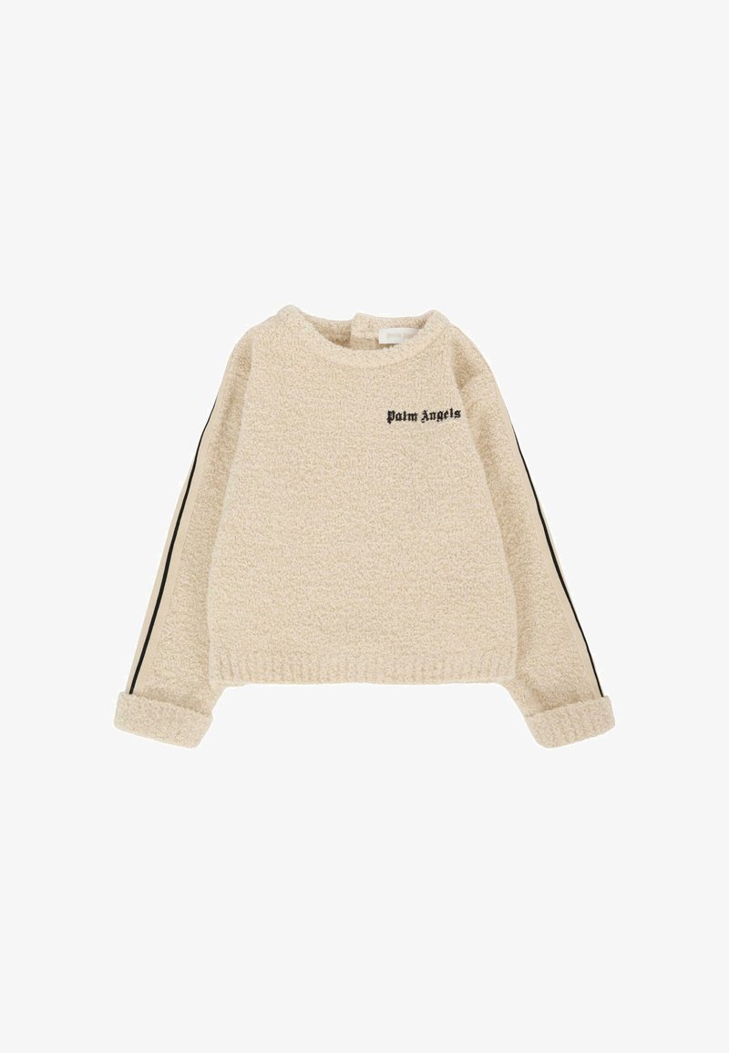 Pull en polaire couleur crème avec des bandes latérales noires, col rond et logo "Palm Angels" brodé. Poignets roulés et finition texturée.