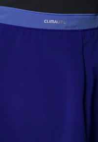 Pantalones cortos deportivos morados hechos de tejido ligero, con una textura suave y una cinturilla elástica azul con el logo "CLIMALITE".