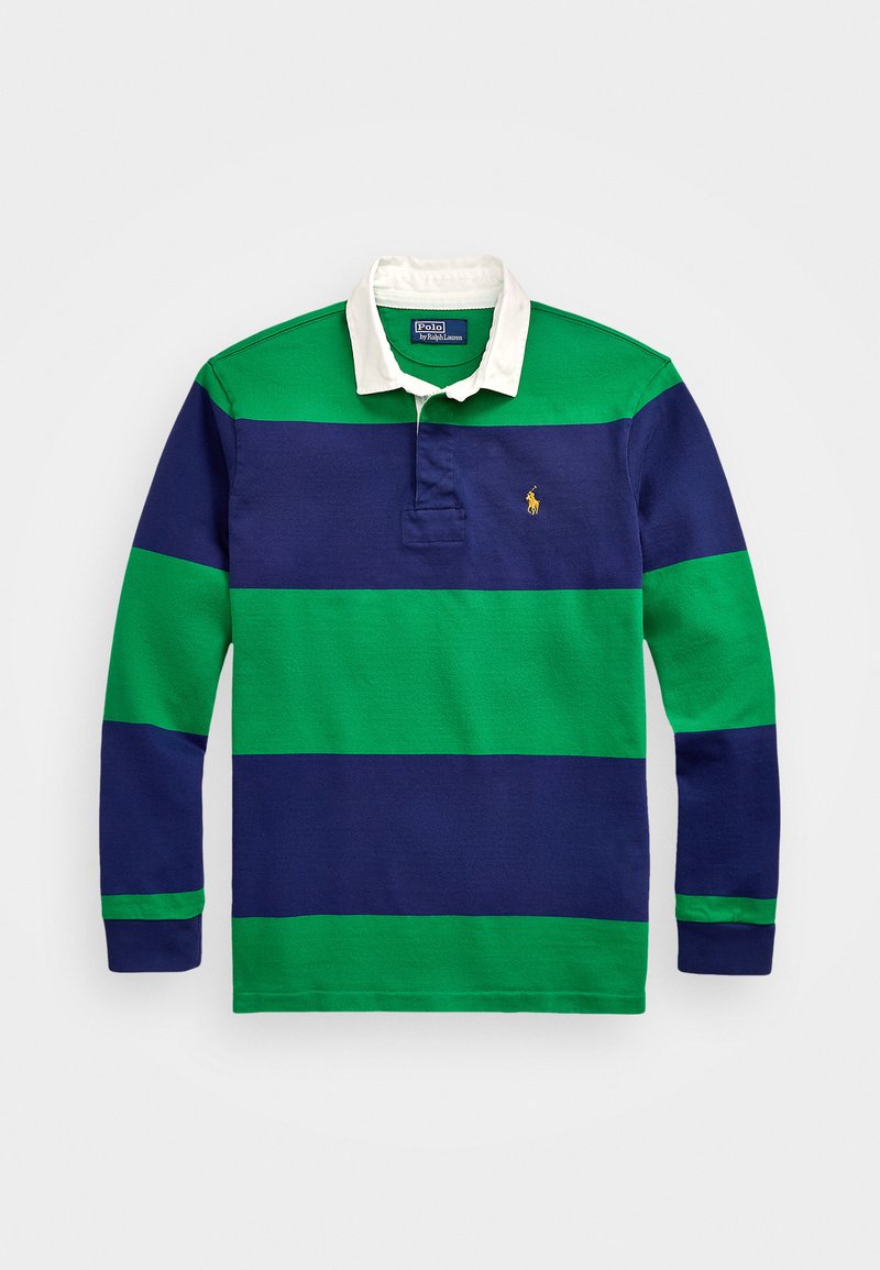 Langarm rugbyshirt met horizontale strepen in groen, blauw en marineblauw. Klassieke witte kraag met een klein logo boven de linkerborst.
