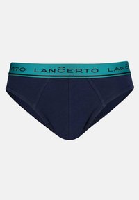 Granatowe majtki z turkusowym elastycznym pasem w talii z nadrukiem 'LANCERTO' w kolorze czarnym. Wykonane z miękkiego materiału, zaprojektowane z myślą o komforcie i dopasowaniu.