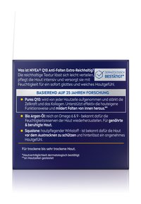NIVEA Q10 Anti-Falten-Cremedose in Dunkelblau. Enthält weißen Text, klare Markenkennung und Icons. Der Text hebt die wichtigsten Inhaltsstoffe und Vorteile hervor.