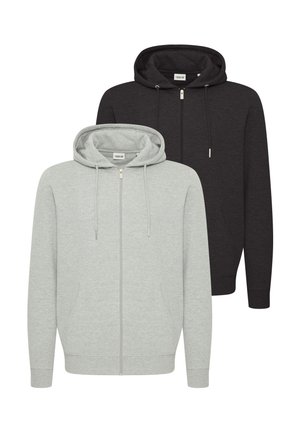 Two hoodies displayed: one light grey with a full zip and front pockets, and one dark grey, both made of a soft fabric.