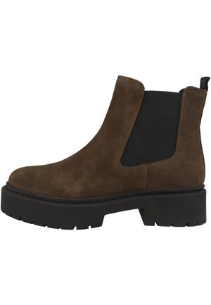 Brauner Wildleder-Chelsea-Stiefel mit schwarzer elastischer Seitenblende und dicker schwarzer Profilsohle, schrägem Absatz und Zuglasche hinten.
