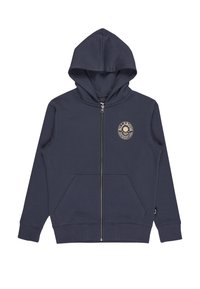 Felpa con zip blu navy in cotone misto con logo frontale, tasche a marsupio, polsini a coste e cappuccio con coulisse.
