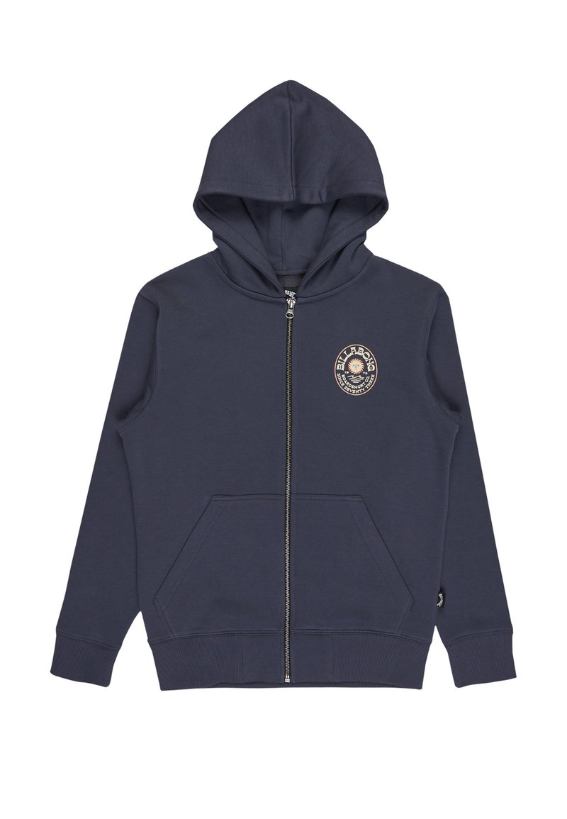 Felpa con zip blu navy in cotone misto con logo frontale, tasche a marsupio, polsini a coste e cappuccio con coulisse.