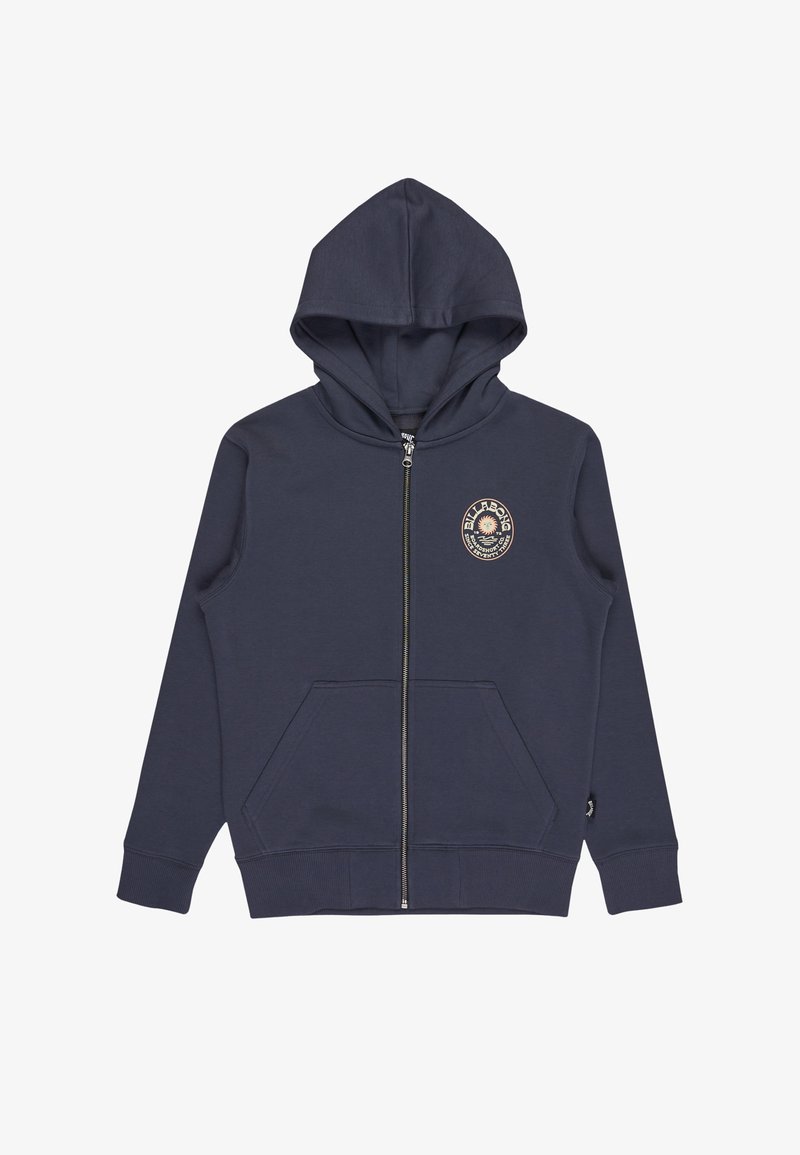 Felpa con zip blu navy in cotone misto con logo frontale, tasche a marsupio, polsini a coste e cappuccio con coulisse.