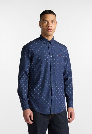 Navy knoopshirt met een herhalend oranje vos patroon, lange mouwen en een klassieke kraag; gemaakt van gladde stof met een reguliere pasvorm.