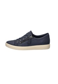 Navy suede sneakers with a round toe, lace closure, and decorative zipper on the side. Features a beige rubber sole and minimal detailing.