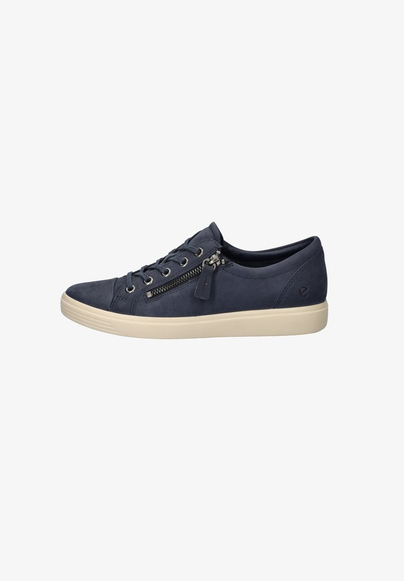 Navy suede sneakers with a round toe, lace closure, and decorative zipper on the side. Features a beige rubber sole and minimal detailing.