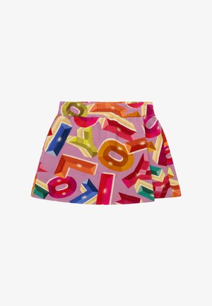 Kinderskirt met elastische tailleband, roze achtergrond en kleurrijke geometrische lettervormen in rood, oranje, geel, groen, blauw en paars.