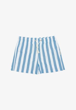 Pantaloni scurți de înot cu dungi albastre și albe, cu talie elastică, sistem de închidere cu șnur și un material neted, ușor.