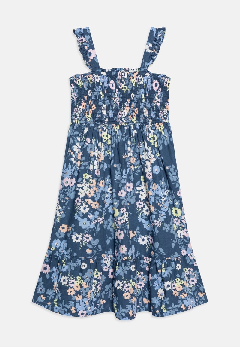 Robe bleu sans manches avec bretelles à volants et imprimé floral pastel, corsage smocké et jupe froncée avec ourlet évasé.