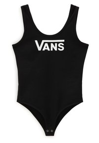 Maillot de bain une pièce noir en tissu lisse, avec une encolure dégagée et un logo "VANS" blanc sur le devant. Comprend une fermeture à pression à l'entrejambe.