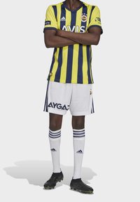 Fenerbahçe jalkapallopukineet, joissa on keltamusta raita-paita, valkoiset shortsit, joissa on laivastonsinisiä yksityiskohtia, sekä mustat nappulakengät.