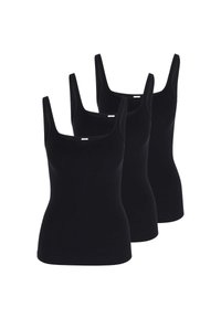 Three black tank tops made of a smooth, stretchy fabric. Features include narrow straps and a scoop neckline. No patterns or accents visible.