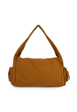 Braune, gepolsterte Schultertasche mit langem Riemen und Seitentaschen, mit dezentem Venezia-Logo in der vorderen Mitte.