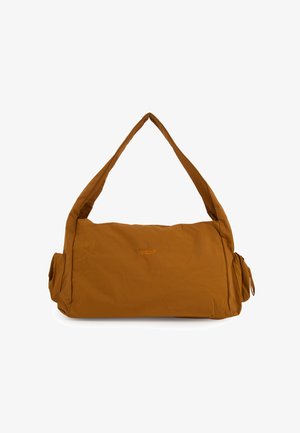 Braune, gepolsterte Schultertasche mit langem Riemen und Seitentaschen, mit dezentem Venezia-Logo in der vorderen Mitte.