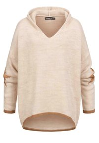 Light beige knit pullover with a roomy fit, V-neck, and long sleeves. Features distressed accents and contrasting brown hem details.