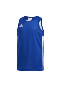Camiseta deportiva sin mangas Adidas de color azul con logo blanco en el pecho y franjas blancas a lo largo de los lados, hecha de tejido de malla transpirable.