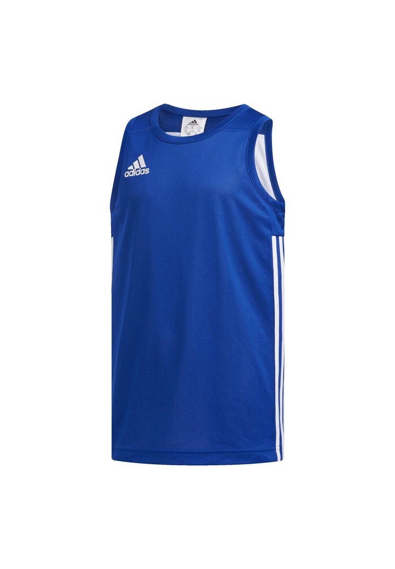 Camiseta deportiva sin mangas Adidas de color azul con logo blanco en el pecho y franjas blancas a lo largo de los lados, hecha de tejido de malla transpirable.