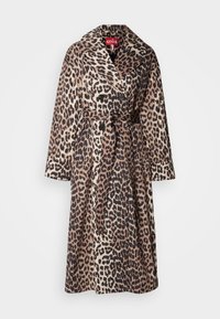 Trench-coat long à imprimé léopard avec un large col, des boutons noirs à double boutonnage, et une ceinture assortie à la taille.