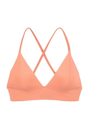 Persiku krāsas ribota bikini augšdaļa ar trīsstūrveida formu, regulējamiem krustu plecu siksnām un gludu tekstūru. Bez polsterējuma un stieples.