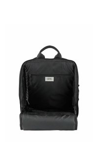 Black backpack with a smooth fabric exterior, zippered pocket, and a spacious interior. Features a top handle and brand label inside.