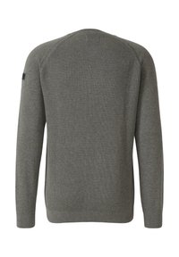 Maglione grigio a maniche lunghe lavorato a maglia con trama a coste sul retro e maniche lisce, mostrato di spalle su sfondo bianco.