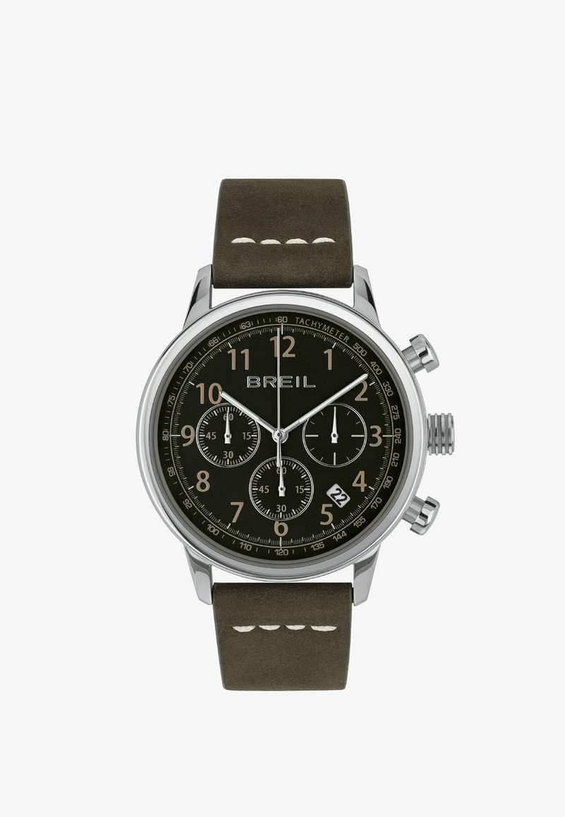Kronografur med sort urskive, sølvfarvet kasse og olivengrøn læderrem. Funktioner inkluderer tre under-urskiver, datovisning og tachymeter.