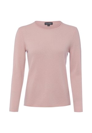 Hellrosa Kaschmirpullover mit langen Ärmeln und Rundhalsausschnitt, von vorne gezeigt mit weicher Stricktextur und figurbetonter Silhouette.