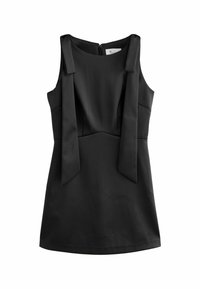 Rochie neagră fără mâneci, cu un corset ajustat, din material satin, curele late pe umeri și închidere cu fermoar la spate. Textură netedă, fără modele.