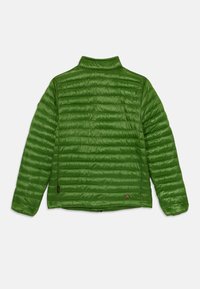Veste matelassée verte avec un col haut, dotée d'une texture légère et brillante et de rayures horizontales. Comprend une fermeture éclair en bas.