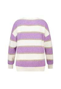 Oversized gebreide trui met paarse, witte en gouden strepen. Geribbelde textuur met een ronde halslijn en lange mouwen.