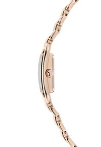 Roosa kuldne kell, millel on õhuke ristkülikukujuline kellanägu, tekstuuriga kinnitusklambrid ja ühendatud käevõru ümarate servadega ning poleeritud detailidega.